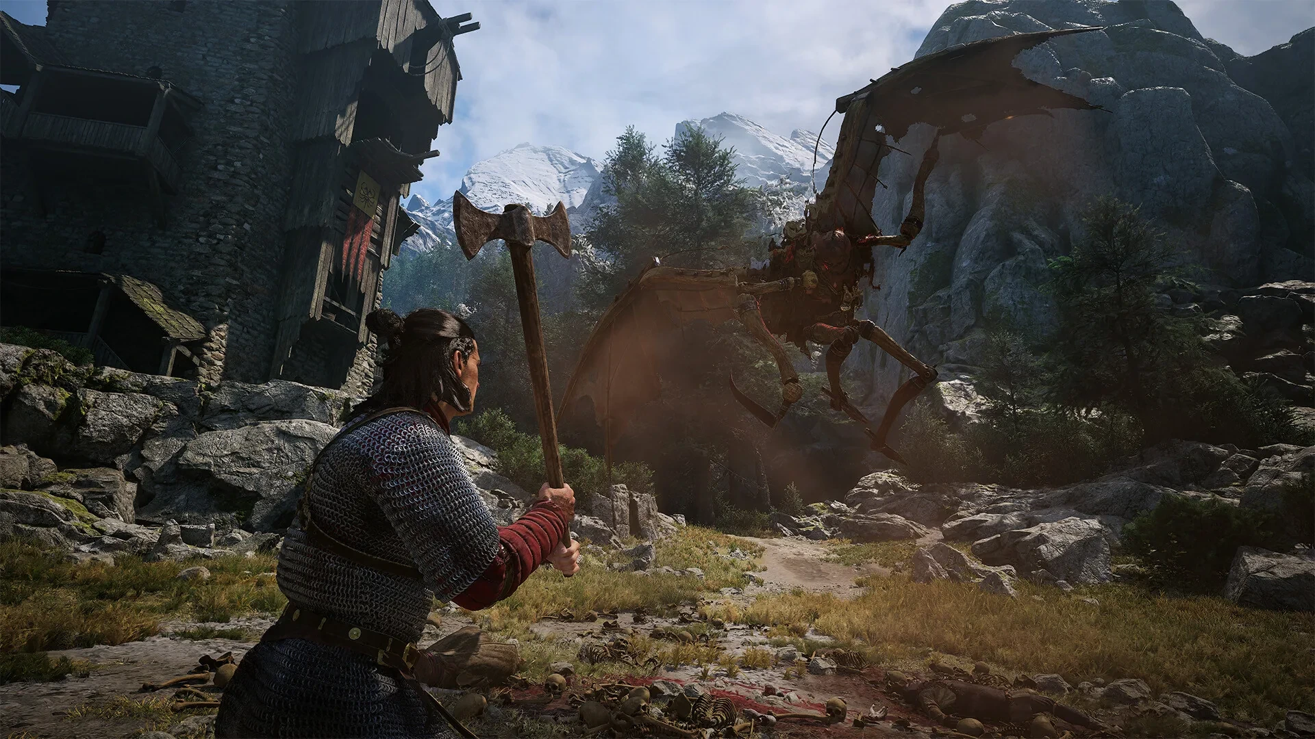 An axe-wielding fighter faces a winged creature on a rocky path