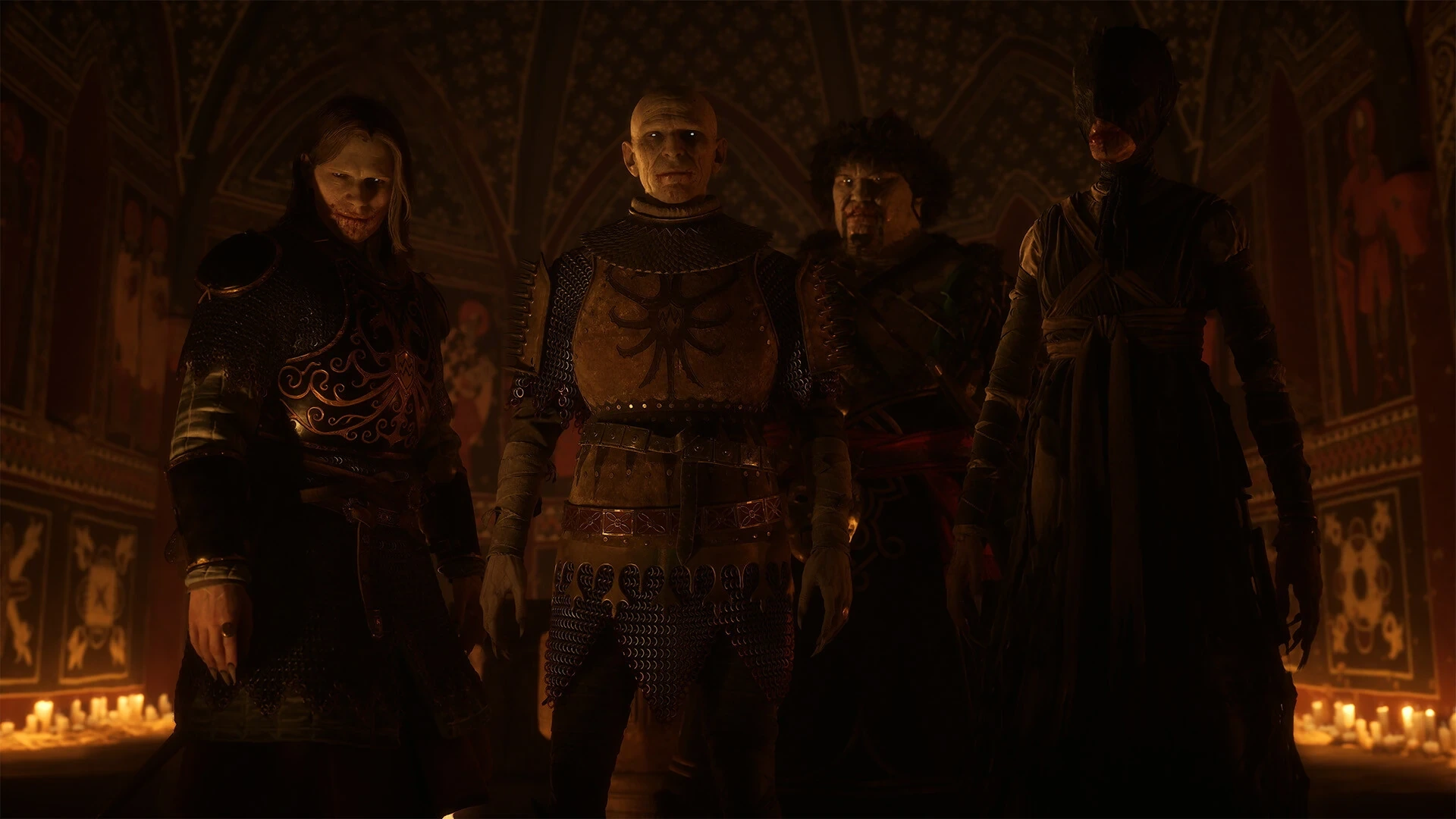 Three figures stand in a candlelit hall in The Blood of Dawnwalker