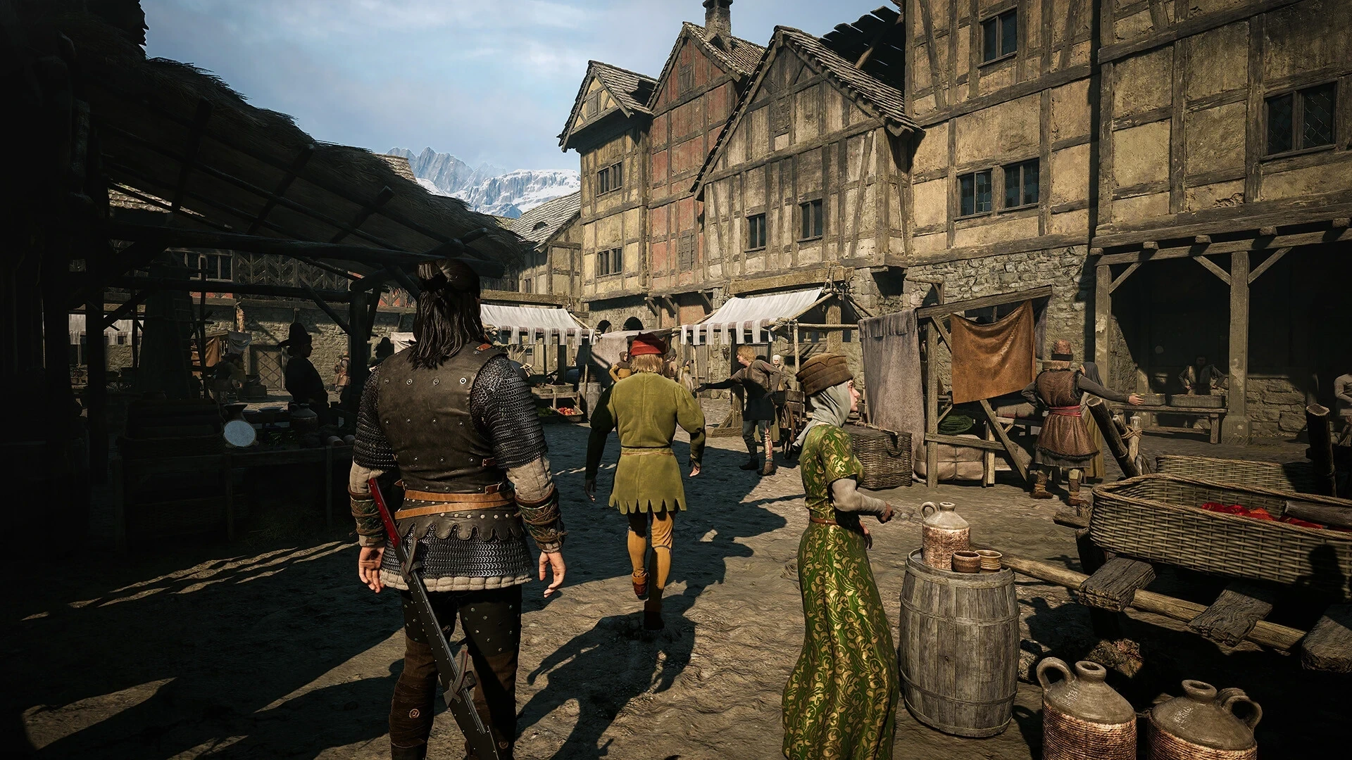 A traveller walks through a sunlit market lined with timber buildings